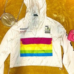 White Polaroid Jacket Windbreaker Hoodie Nylon Hooded Cargo Pocket Women's